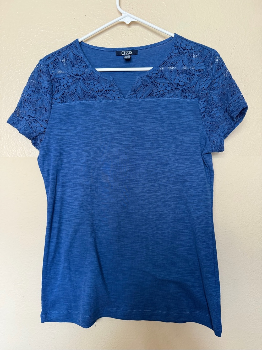 Chaps Women's cotton Blue Lace Yoke Short Sleeve Top
